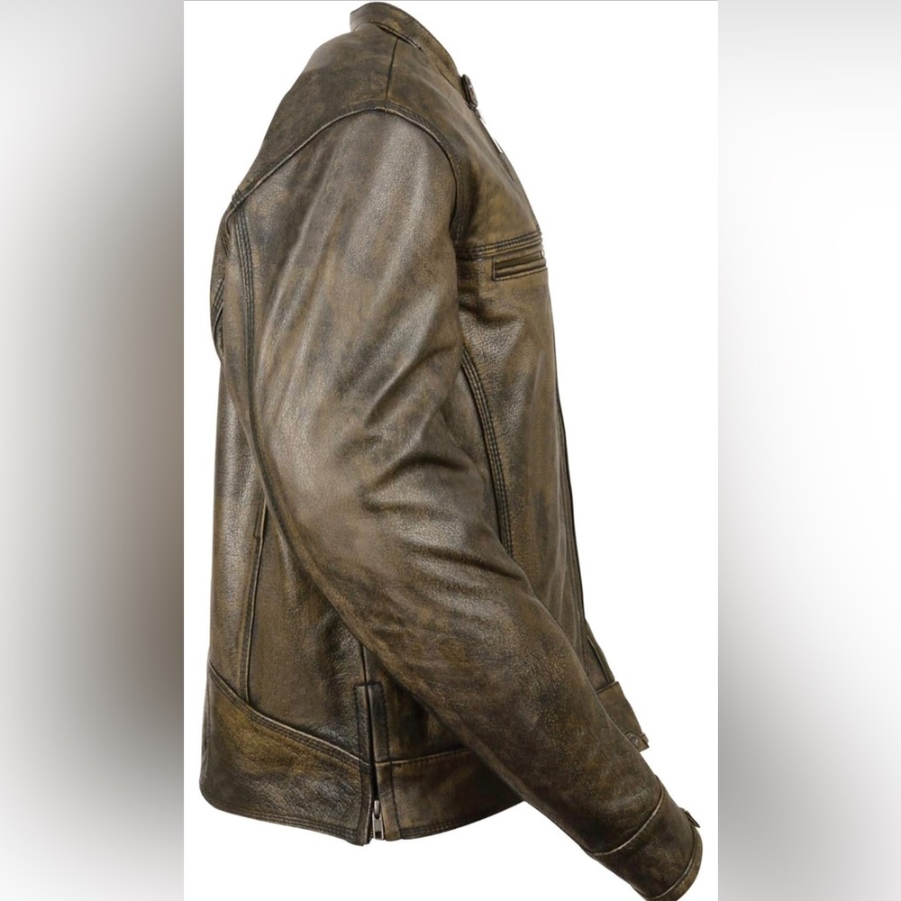 Men's Distressed Brown Leather Jacket w/Triple Stitch Detail Motorcycle Jacket - Picture 3 of 3